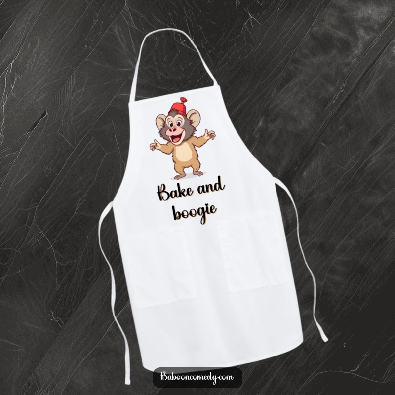 Funny apron showing a playful baboon in a tiny fez doing a silly dance, adding fun and protection to kitchen duties.