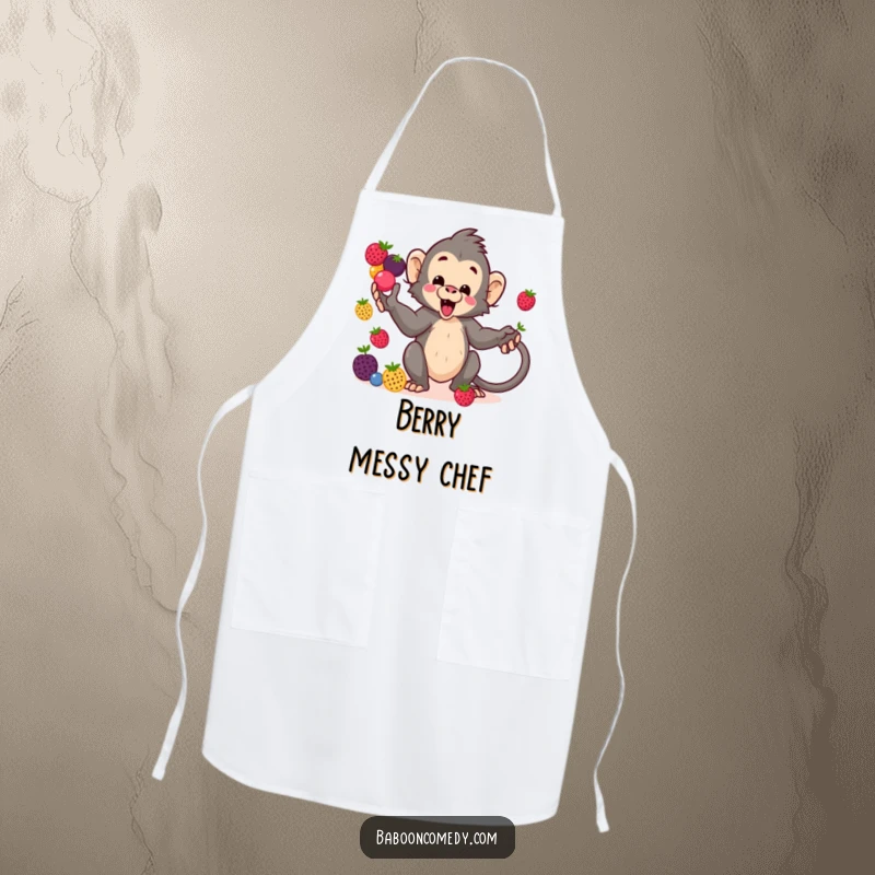 Funny kawaii baboon apron, a cheerful primate juggling berries with its tail while cooking, making kitchen tasks hilarious.