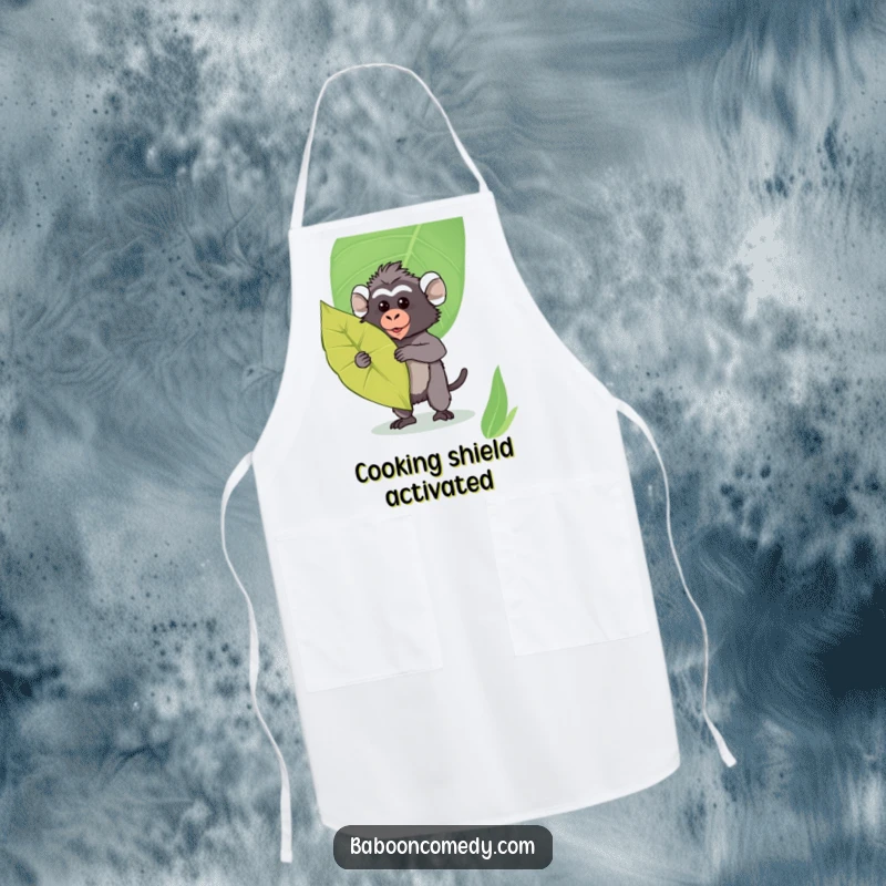 Funny Kawaii Baboon Apron: Cute baboon striking a pose with a leaf shield, adding humor to kitchen duties.