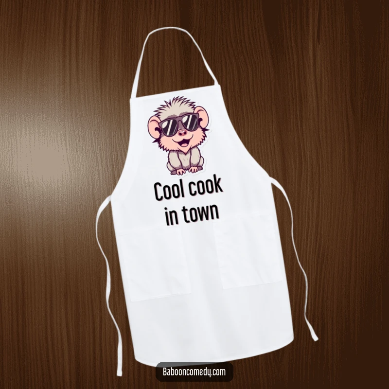 Funny Kawaii Baboon Apron featuring a cool baboon wearing sunglasses, perfect for adding humor to cooking.