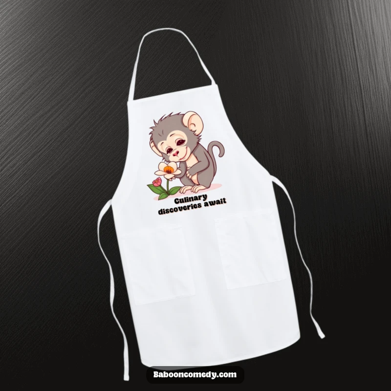 Funny apron showcasing a baboon with a look of delight curiously examining a strange, beautiful flower.