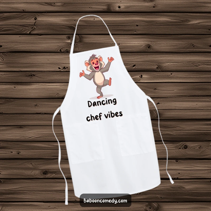 Funny kawaii baboon apron, an energetic primate doing a silly dance on its hind legs while cooking, making tasks fun.