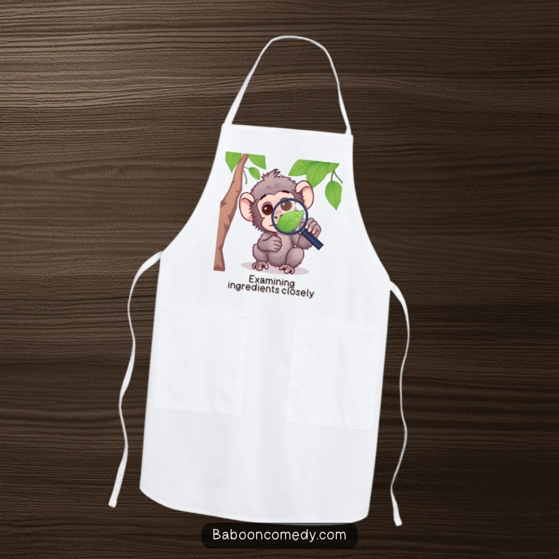 Funny apron depicting a curious baboon using a magnifying glass to inspect ingredients, bringing humor to the kitchen.