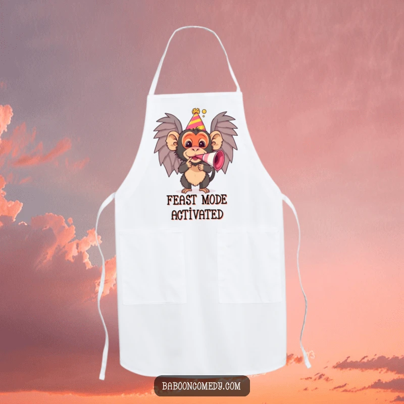 Funny baboon apron with party hat and noisemaker, making kitchen tasks more enjoyable as a funny gift.