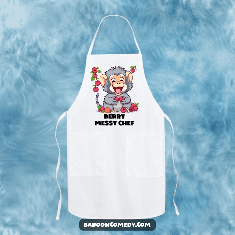 Funny apron showing a baboon enthusiastically sharing a spread of berries with a friend, making kitchen tasks more enjoyable.