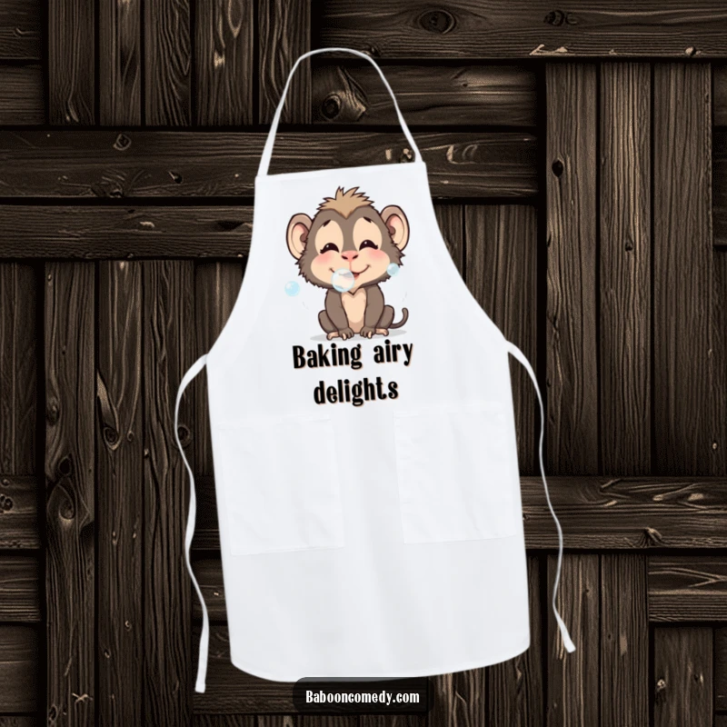 Funny baboon apron designed for playful kitchen moments, featuring a bubble-blowing character, a cute funny gift.