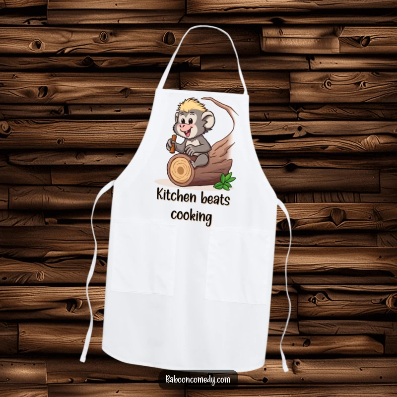 Funny baboon apron designed for cooking with rhythm, featuring a drumming character, a fun funny gift.