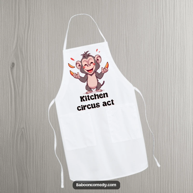 Funny apron depicting an amused baboon skillfully juggling bright red bananas, perfect for adding humor to culinary adventures.