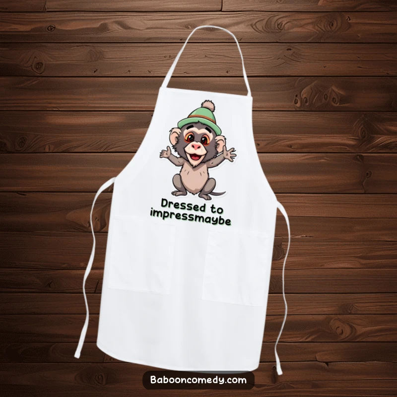 Funny baboon apron, a primate wearing a funny hat and striking a silly pose, ready to add charm and humor to culinary adventures.