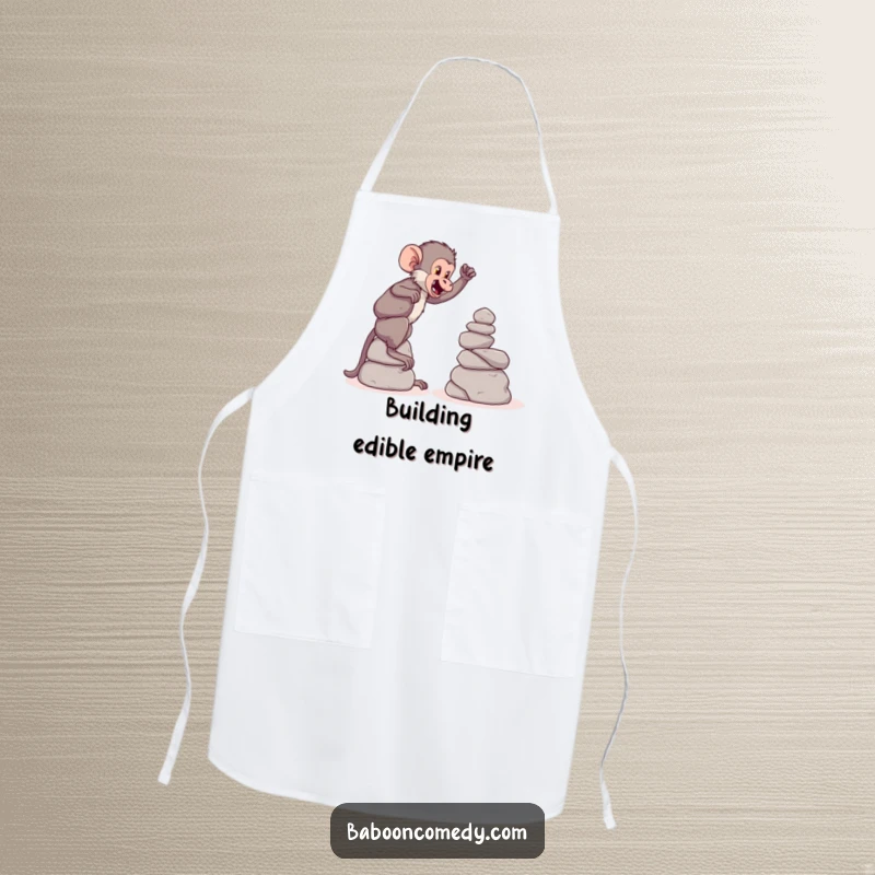 Funny apron featuring a playful baboon building a tower of large, round stones, a chef’s assistant with construction skills.