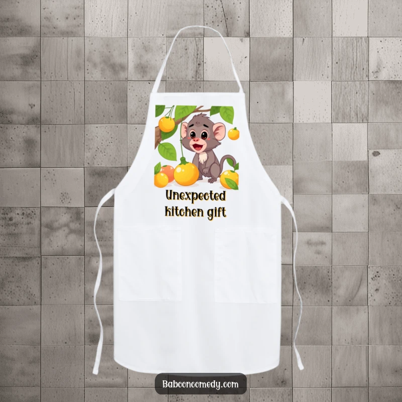 Funny baboon apron designed for surprising kitchen moments, featuring a character reacting to falling fruit, a fun funny gift.