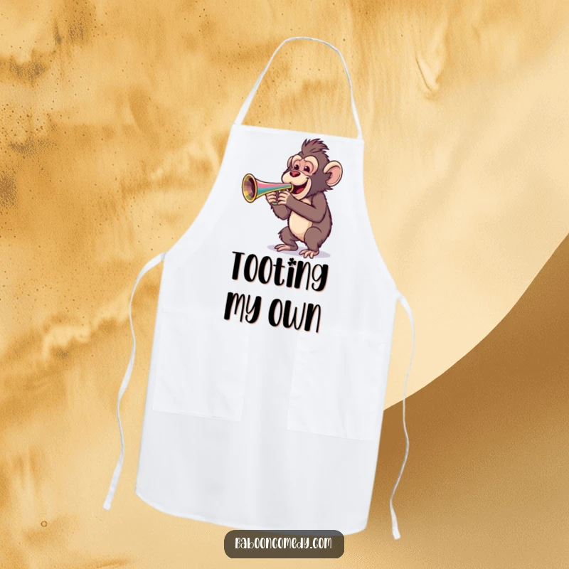 Funny apron illustrating a cheerful baboon playing a vibrant trumpet, ideal for kitchen fun and musical chefs.