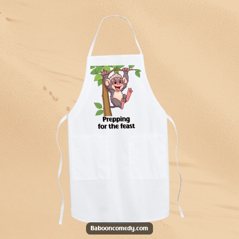 Funny baboon character swinging wildly on a kitchen apron. Perfect for barbecue masters and culinary adventurers who love to laugh.