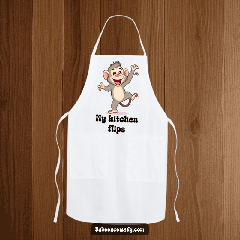 Funny apron depicting a joyful baboon performing a cartwheel with a happy flourish, perfect for adding primate humor to kitchen activities.