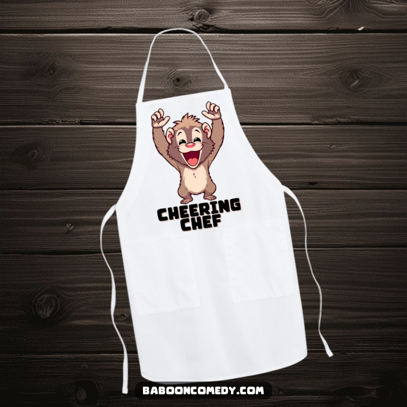 Funny cheering baboon apron showing a jubilant ape with arms raised high while cooking, ideal for a celebratory kitchen.