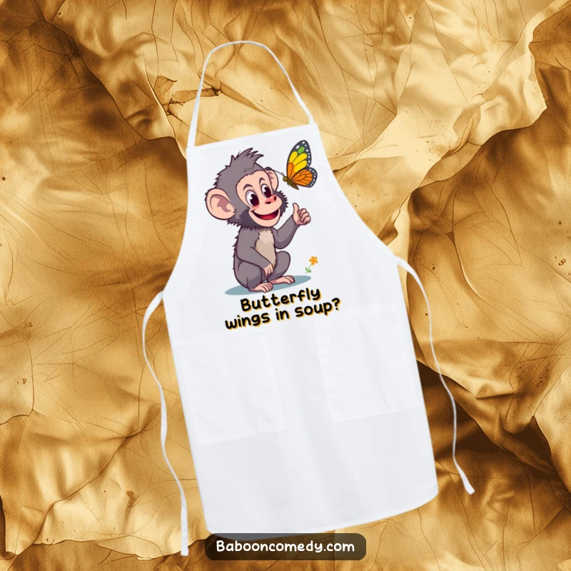 Funny apron showing a curious baboon pointing excitedly at a colorful butterfly, bringing nature's wonder and fun to kitchen activities.