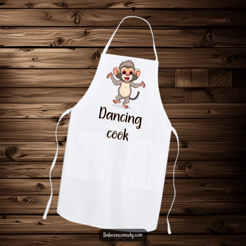 Funny dancing baboon apron showing a cheerful ape dancing rhythmically while cooking, ideal for a fun kitchen.