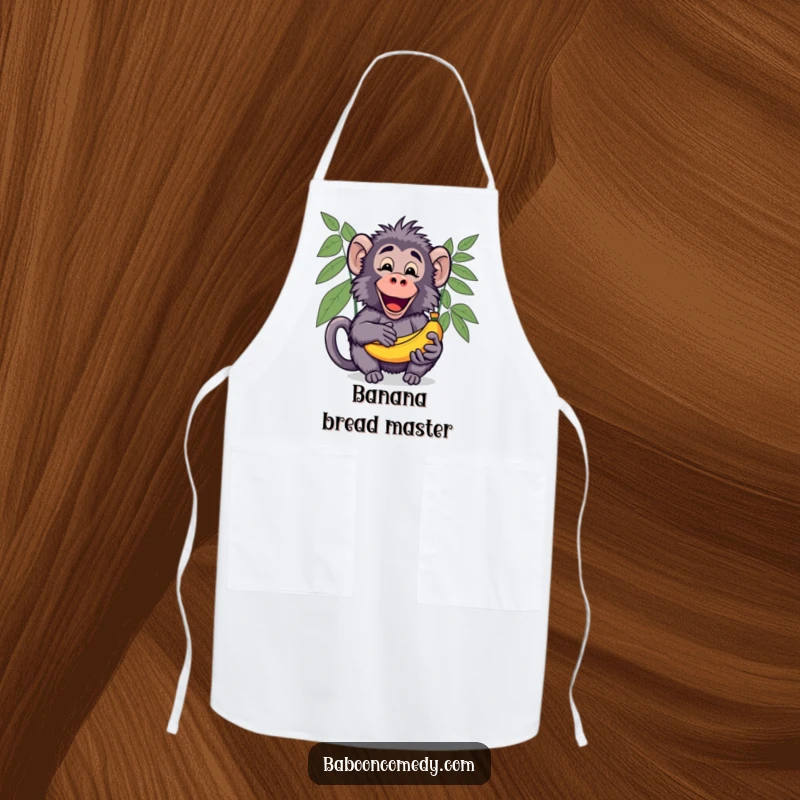 Funny Kawaii Baboon Apron, showing a cute baboon excitedly sharing a bunch of ripe bananas with an open palm.