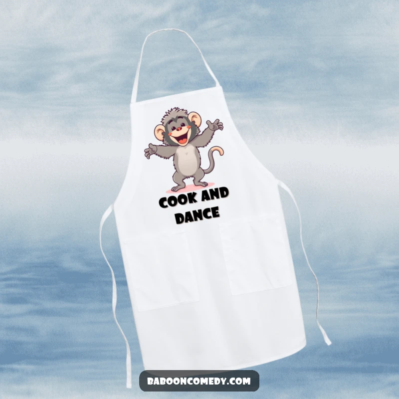 Funny kawaii baboon apron, dancing energetically while cooking, a hilarious and practical kitchen accessory.