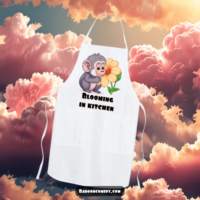Funny Kawaii baboon apron, showing a curious primate gently examining a colorful flower, adding gentle humor and charm to kitchen wear.