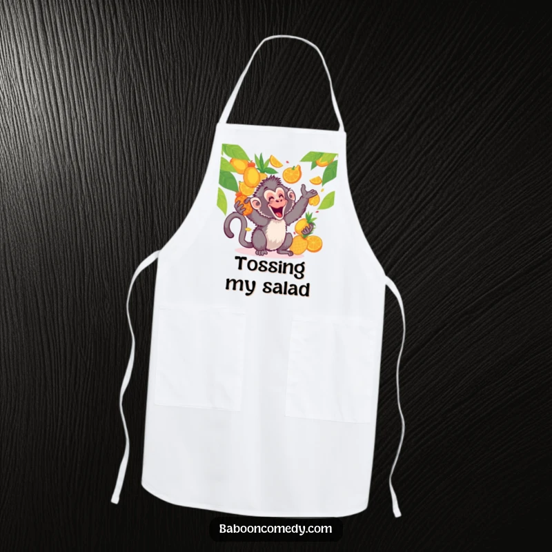 Funny kawaii baboon apron, joyfully juggling tropical fruits while cooking, a hilarious and practical kitchen accessory.