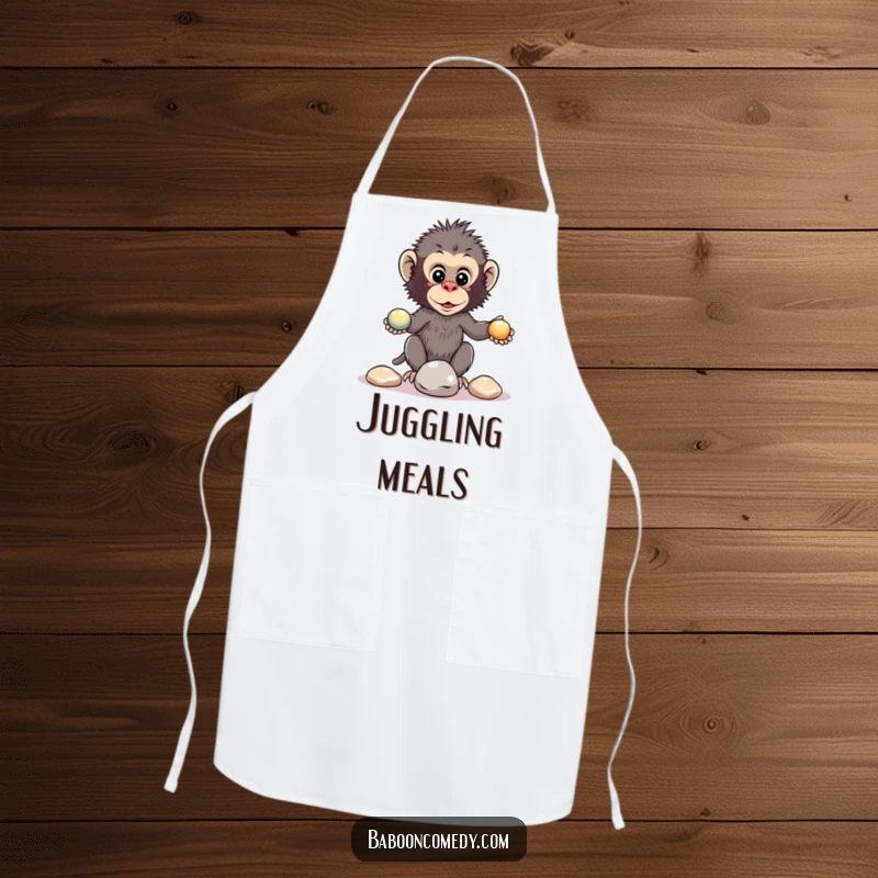 Funny kawaii baboon apron design of a primate juggling pebbles, showing focus in the kitchen.