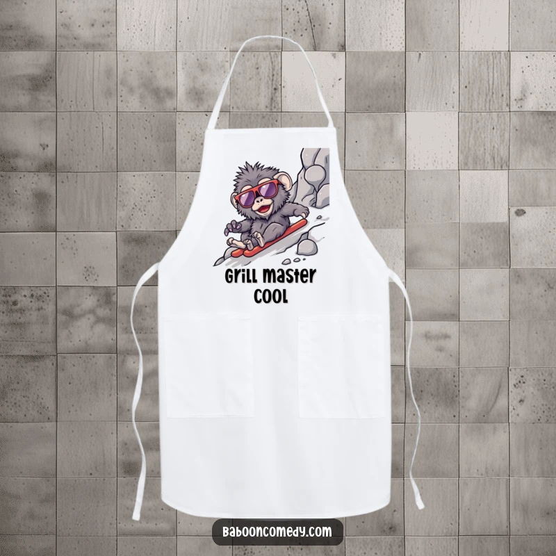 Funny kawaii baboon apron, a primate wearing sunglasses sliding down a rocky path, making cooking tasks hilariously cool.