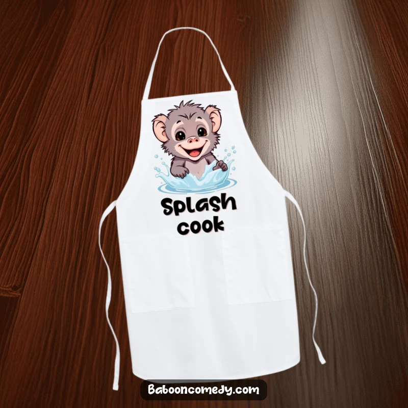 Funny kawaii baboon apron design of a happy primate splashing water while cooking, adding joy to the kitchen.