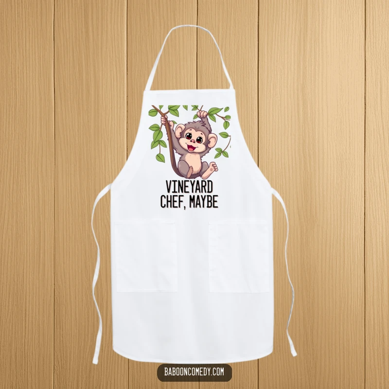 Funny Kawaii baboon apron, depicting a joyful primate swinging from a vine while cooking, adding humor and personality to kitchen wear.
