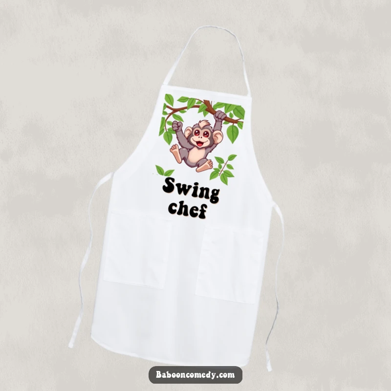 Funny kawaii baboon apron design of a primate swinging on a vine, showing enthusiasm in the kitchen.