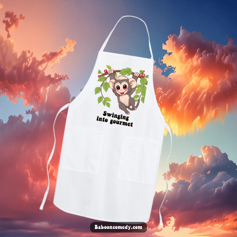 Funny Apron: Adorable kawaii baboon swinging from a vine, bringing playful jungle energy to the kitchen.