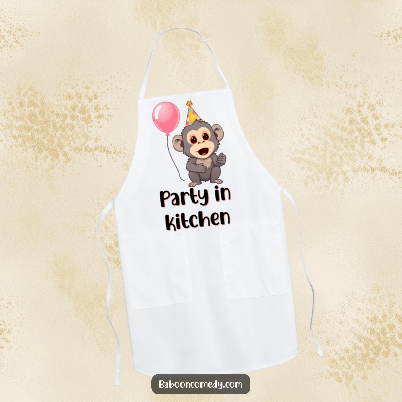 Funny apron with a surprised baboon wearing a party hat and holding a balloon, ready for a festive cooking session.