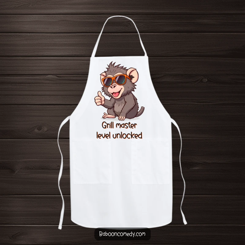 Funny apron with a graphic of a cool baboon in sunglasses giving a thumbs up, ideal for a humorous kitchen.