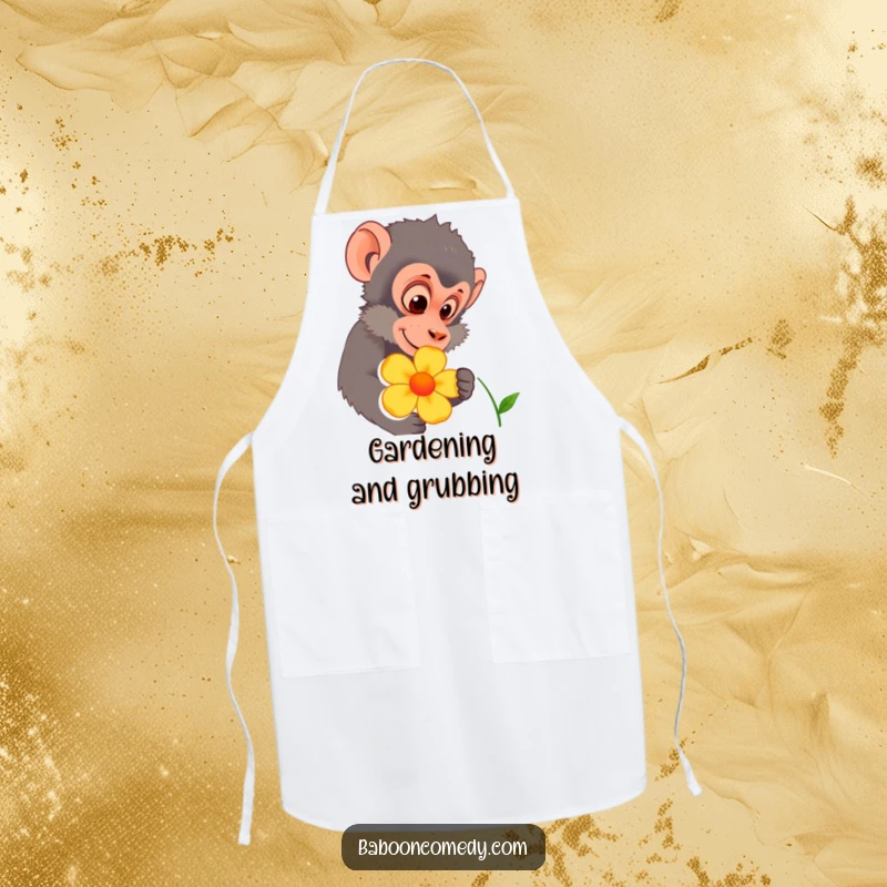 Funny baboon character curiously inspecting a colorful flower on a kitchen apron. Perfect for gardeners and chefs who love nature.
