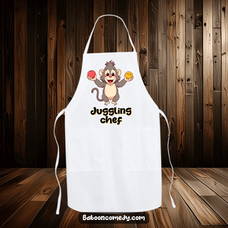 Funny baboon apron showing a smiling primate juggling three fruits while cooking, ideal for a joyous kitchen experience.