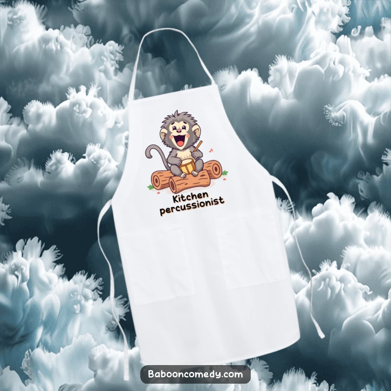 Funny Kawaii baboon apron, showing an excited primate drumming on hollow logs, infusing kitchen wear with humor and rhythmic energy.