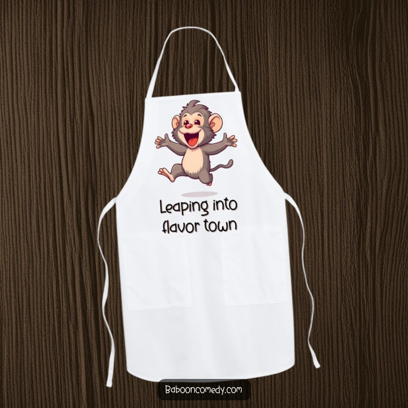 Funny Kawaii baboon apron, depicting a happy primate leaping joyfully with an open mouth, ready for culinary fun.