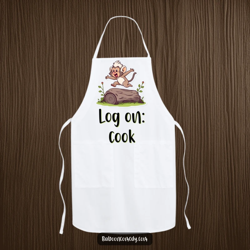 Funny apron featuring a baboon energetically jumping over a small log, making cooking a fun and active experience.
