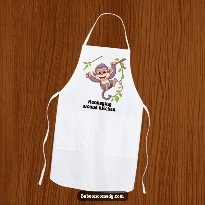 Funny apron featuring a mischievous baboon swinging from a vine, adding playful jungle humor to kitchen duties.