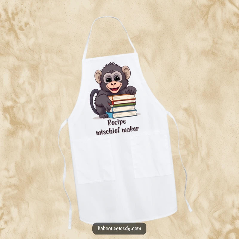 Funny apron with a mischievous baboon peeking over books and giggling, adding a playful touch to kitchen duties.
