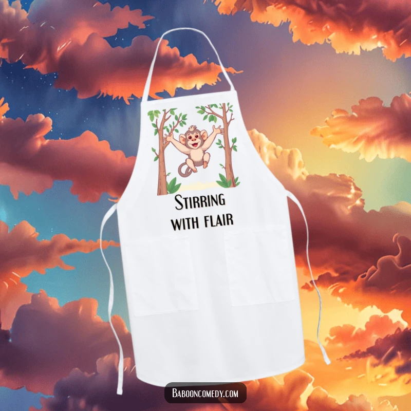 Funny Kawaii Baboon Apron: A cute baboon with long arms swings. Ideal for playful kitchen adventures and keeping clothes clean.