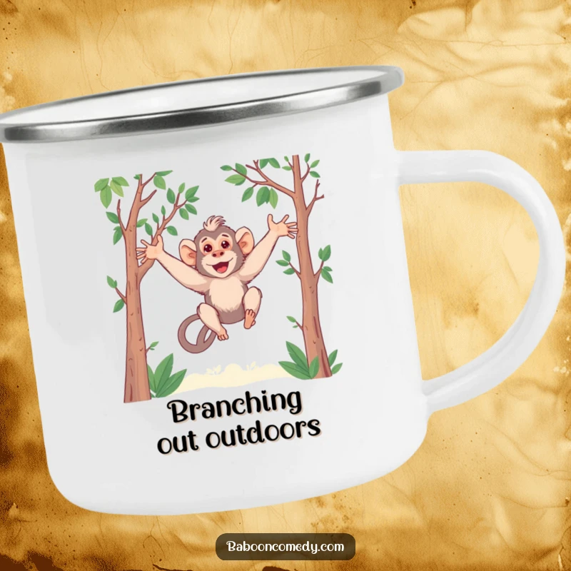 Funny Kawaii Baboon Camping Mug: A cute baboon with long arms swings playfully. Durable, portable, and hilariously charming for outdoor use.