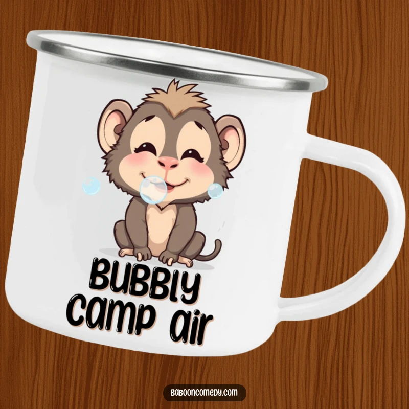 Funny baboon camping mug featuring a bubble-blowing character, adding whimsical fun to outdoor drinks, a cute funny gift.