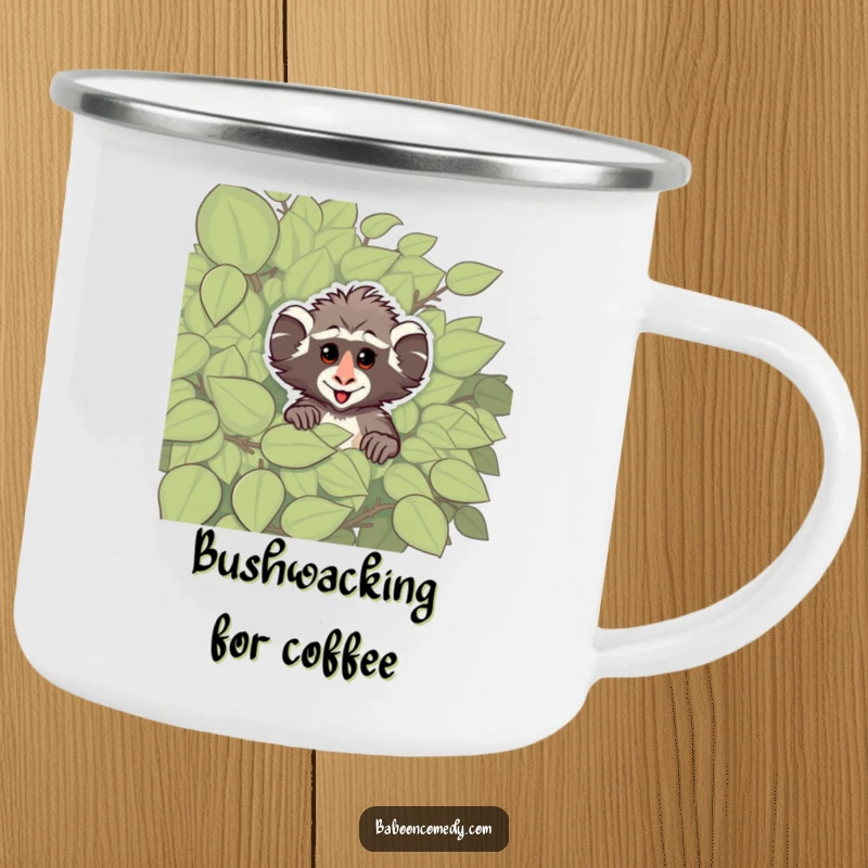 Funny camping mug with a cheeky baboon peeking from behind a leafy bush, perfect for enjoying beverages with primate-themed playful humor.