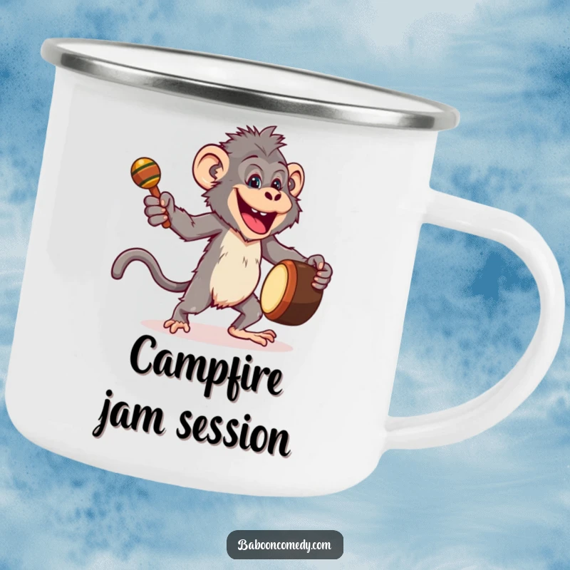 Funny camping mug featuring a joyful baboon dancing energetically with a drum and maracas, ideal for outdoor celebrations.
