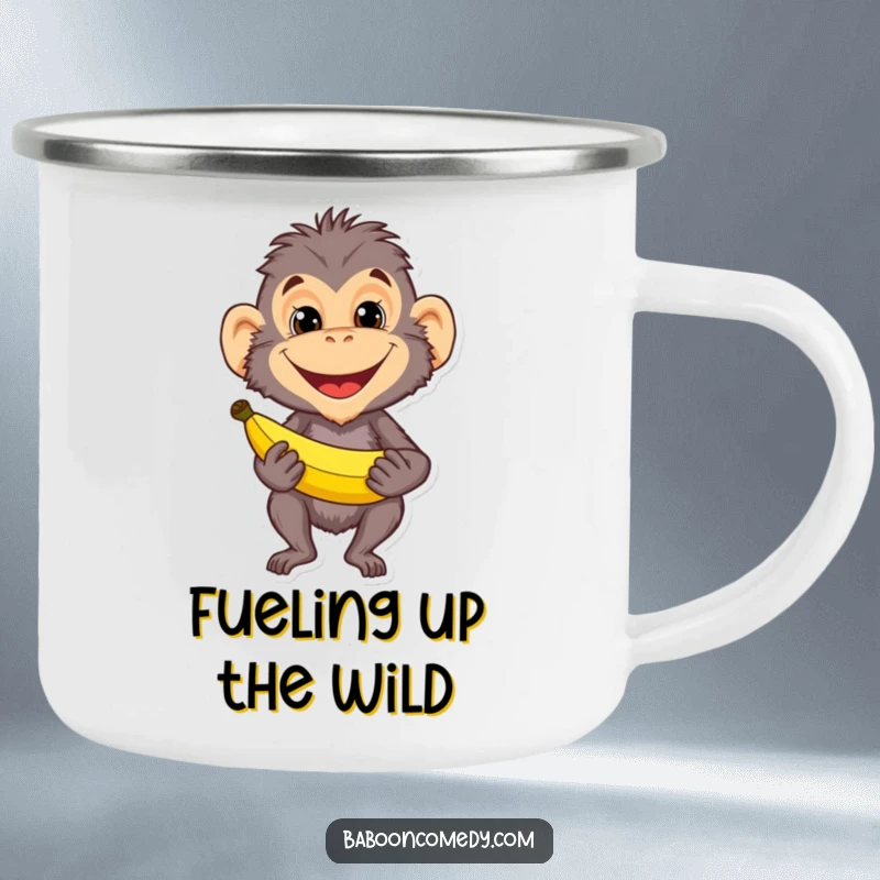 Funny baboon character with a mischievous grin holding a banana on a durable camping mug. Ideal for outdoor enthusiasts and pranksters.