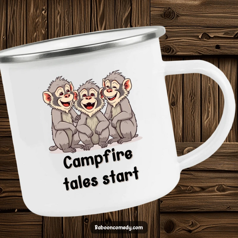 Funny Baboon Campfire Mug: A group of baboons are chattering and laughing. Durable, portable, and full of communal humor for outdoor trips.