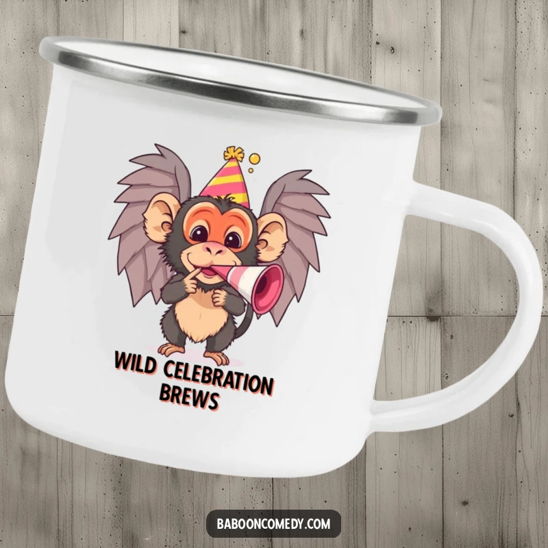 Funny baboon camping mug with a party hat and noisemaker, bringing cheer to outdoor adventures, a cool funny gift.