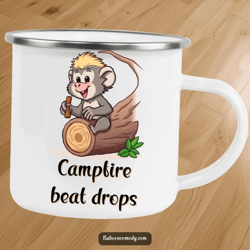 Funny baboon camping mug depicting a drumming character, ideal for adding musical fun to outdoor drinks, a cool funny gift.