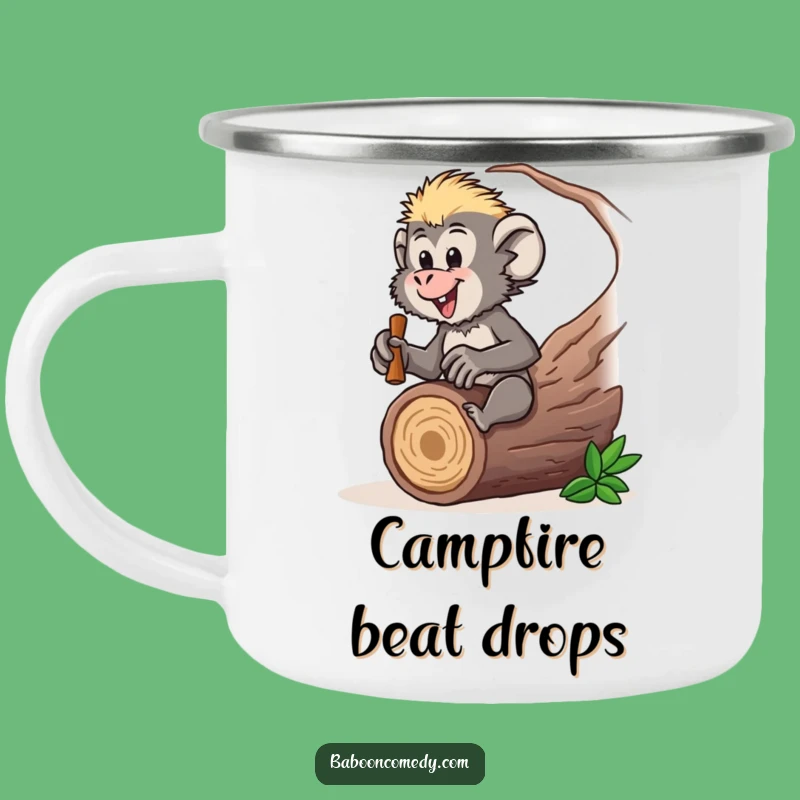 Funny Baboon Drummer Camping Mug: Campfire Tunes, Your Essential Funny Gift!